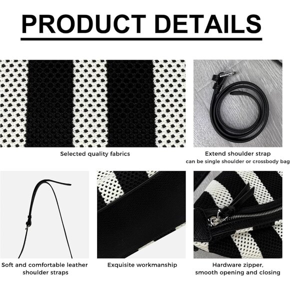 Women's Mesh Crossbody Bag Nylon Adjustable Strap Zipper Black White - Picture 4 of 6